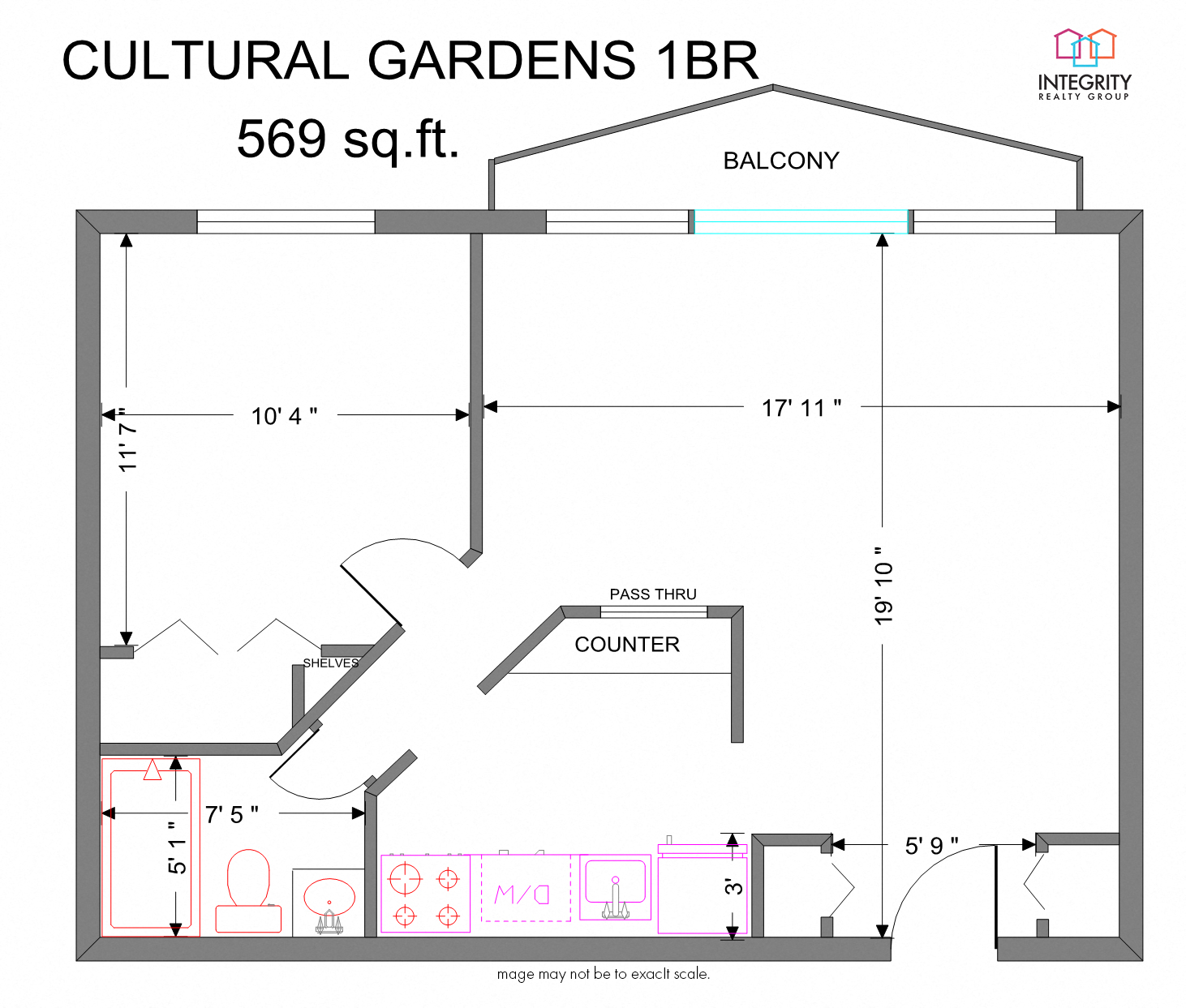 Floor plan for 1 bed, 1 bath, 605 sqft